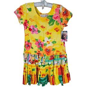 Jams‎ World Floral Print Hattie Dress Girls M Yellow Tropical Vacation Beach NWT